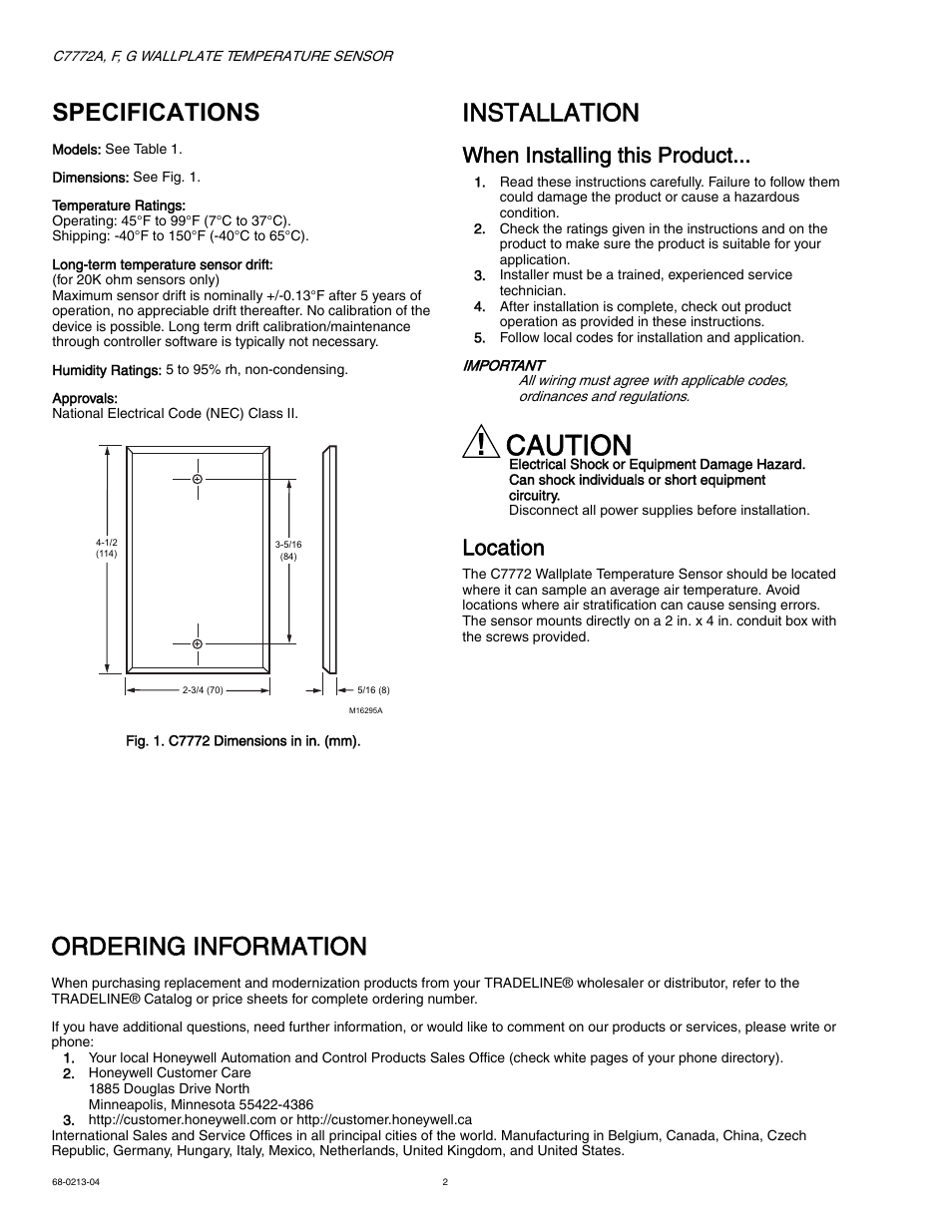 Specifications, Installation, When installing this product | Location, Caution, Ordering information | Honeywell C7772A User Manual | Page 2 / 4