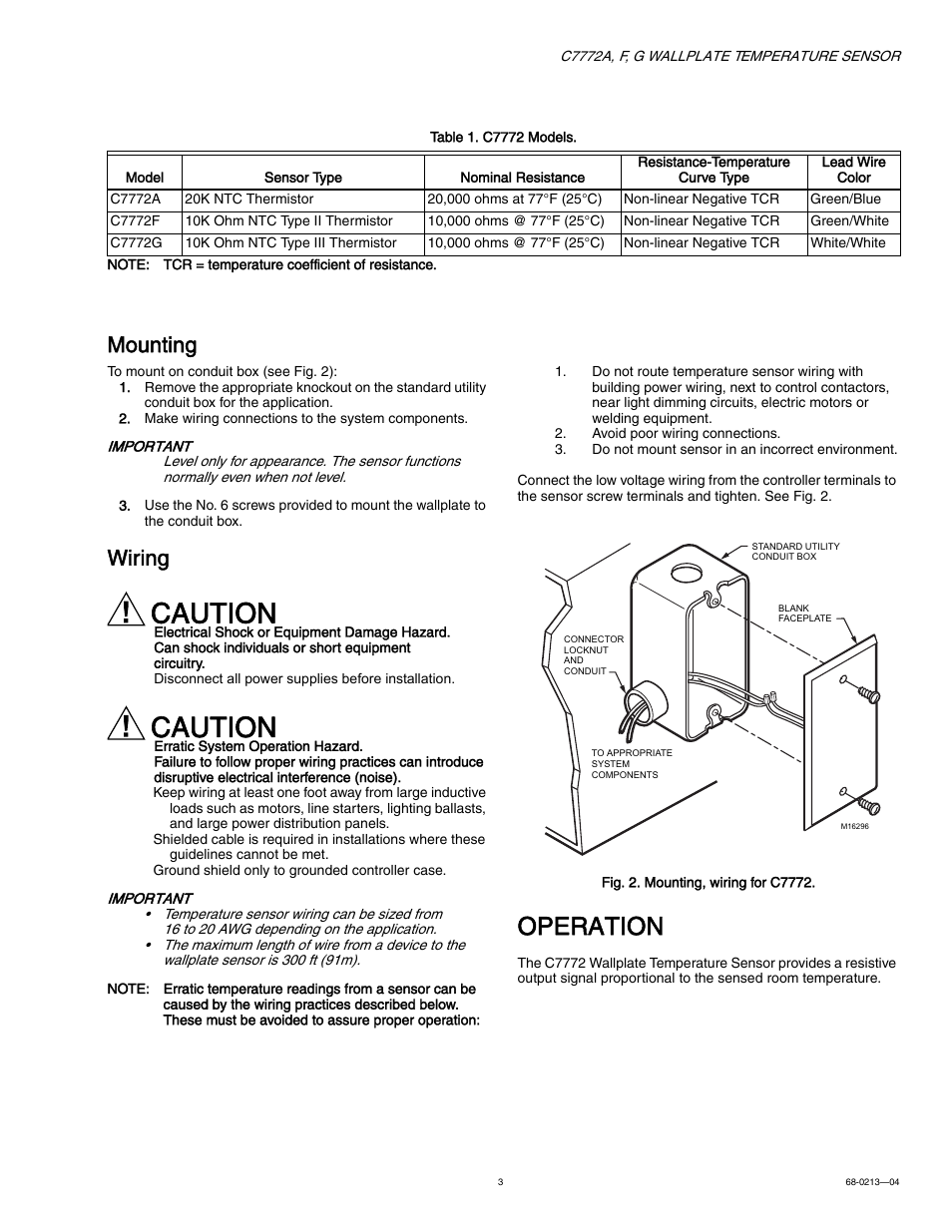 Mounting, Wiring, Operation | Caution | Honeywell C7772A User Manual | Page 3 / 4