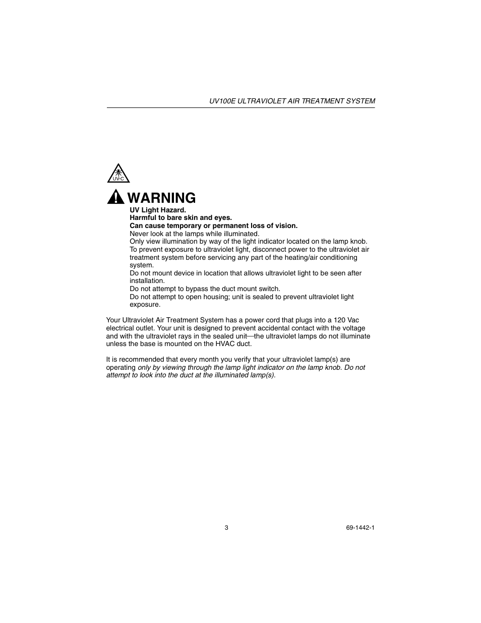 Warning | Honeywell UV 100E User Manual | Page 3 / 8