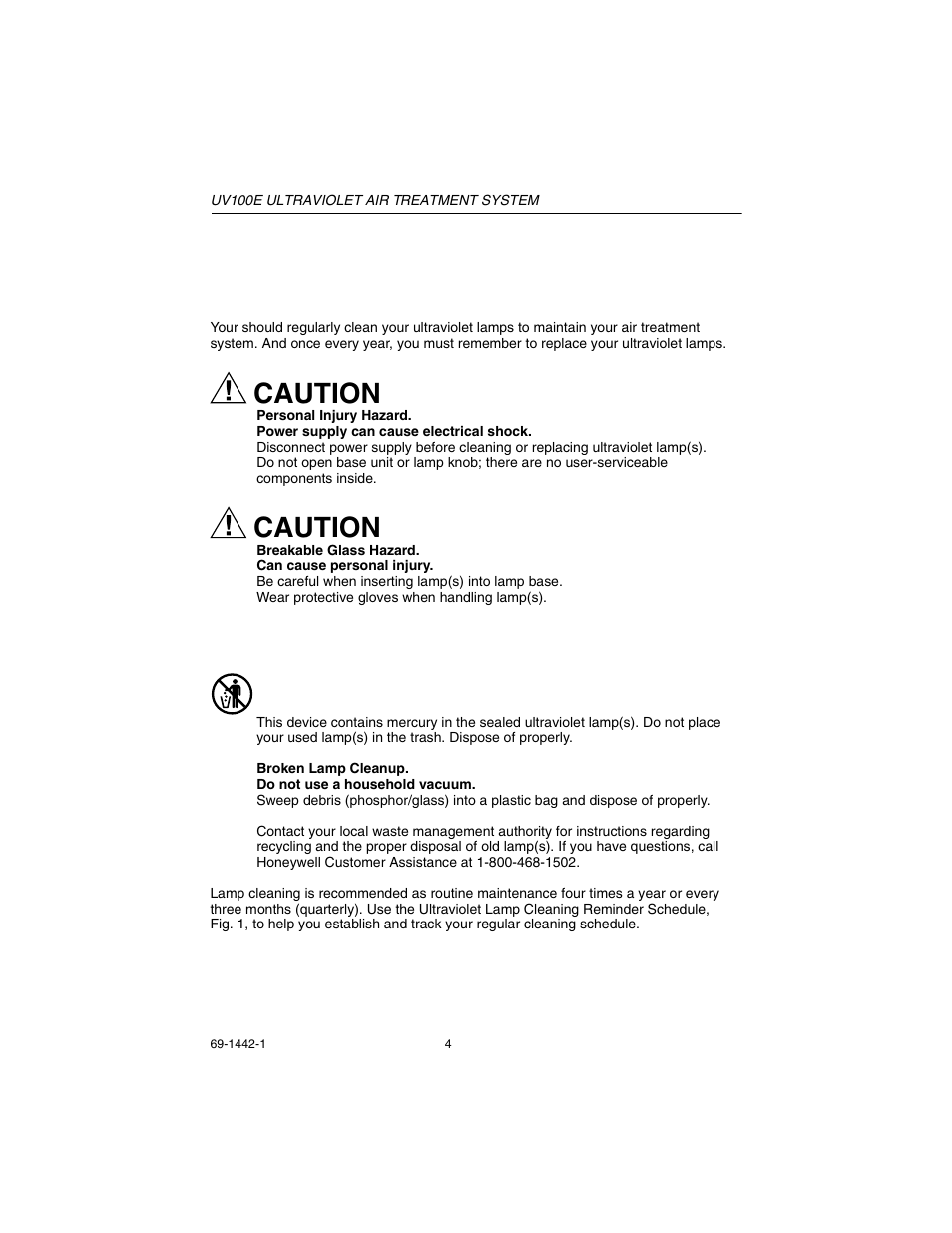Cleaning your lamps every three months (quarterly), Caution, Mercury notice | Honeywell UV 100E User Manual | Page 4 / 8