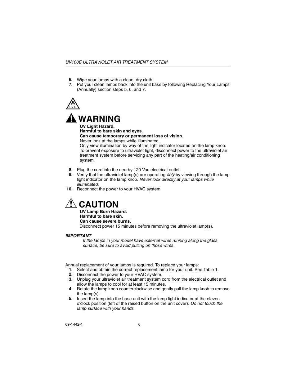 Replacing your lamps (annually), Warning, Caution | Honeywell UV 100E User Manual | Page 6 / 8