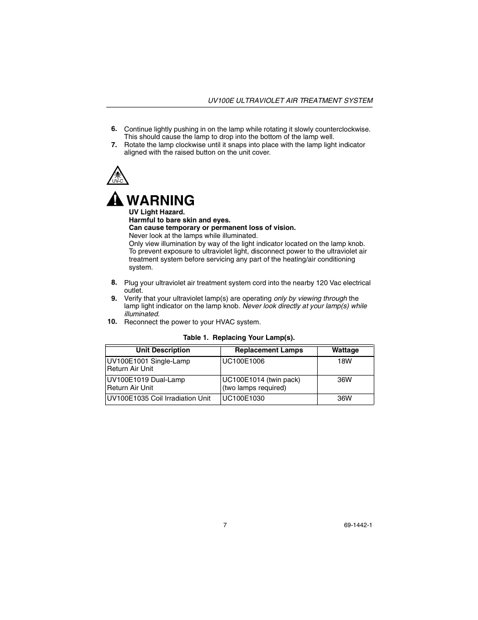 Warning | Honeywell UV 100E User Manual | Page 7 / 8