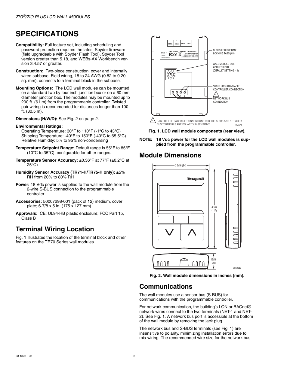 Specifications, Terminal wiring location, Module dimensions | Communications | Honeywell ZIO /ZIO PLUS TR70 User Manual | Page 2 / 4