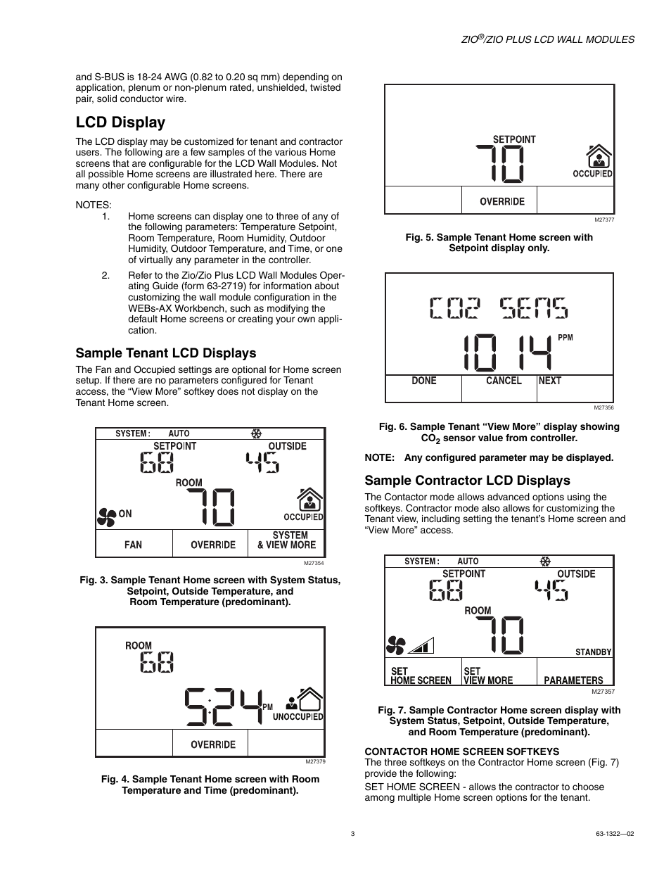 Lcd display, Sample tenant lcd displays, Sample contractor lcd displays | Honeywell ZIO /ZIO PLUS TR70 User Manual | Page 3 / 4