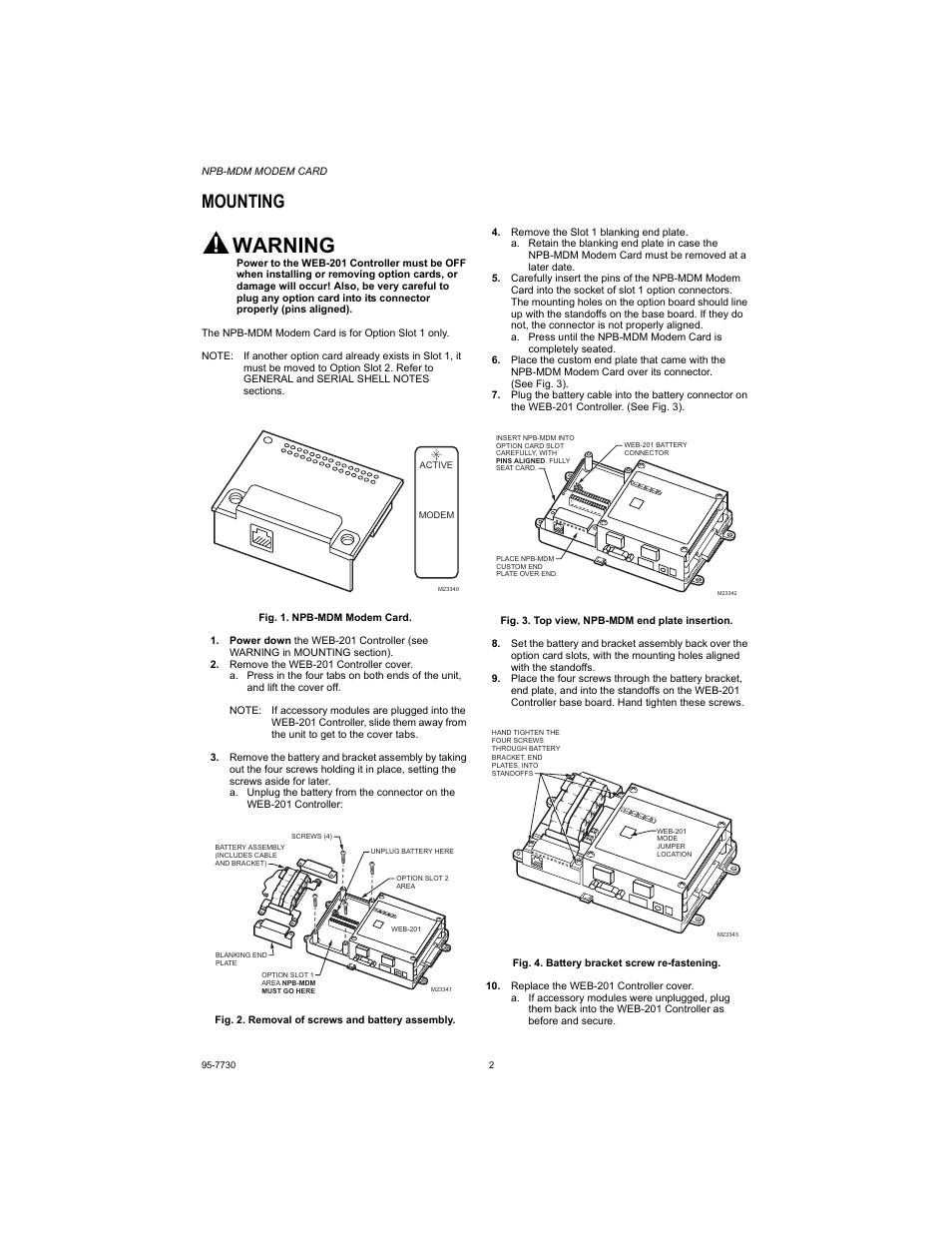 Mounting, Warning | Honeywell NPB-MDM User Manual | Page 2 / 4