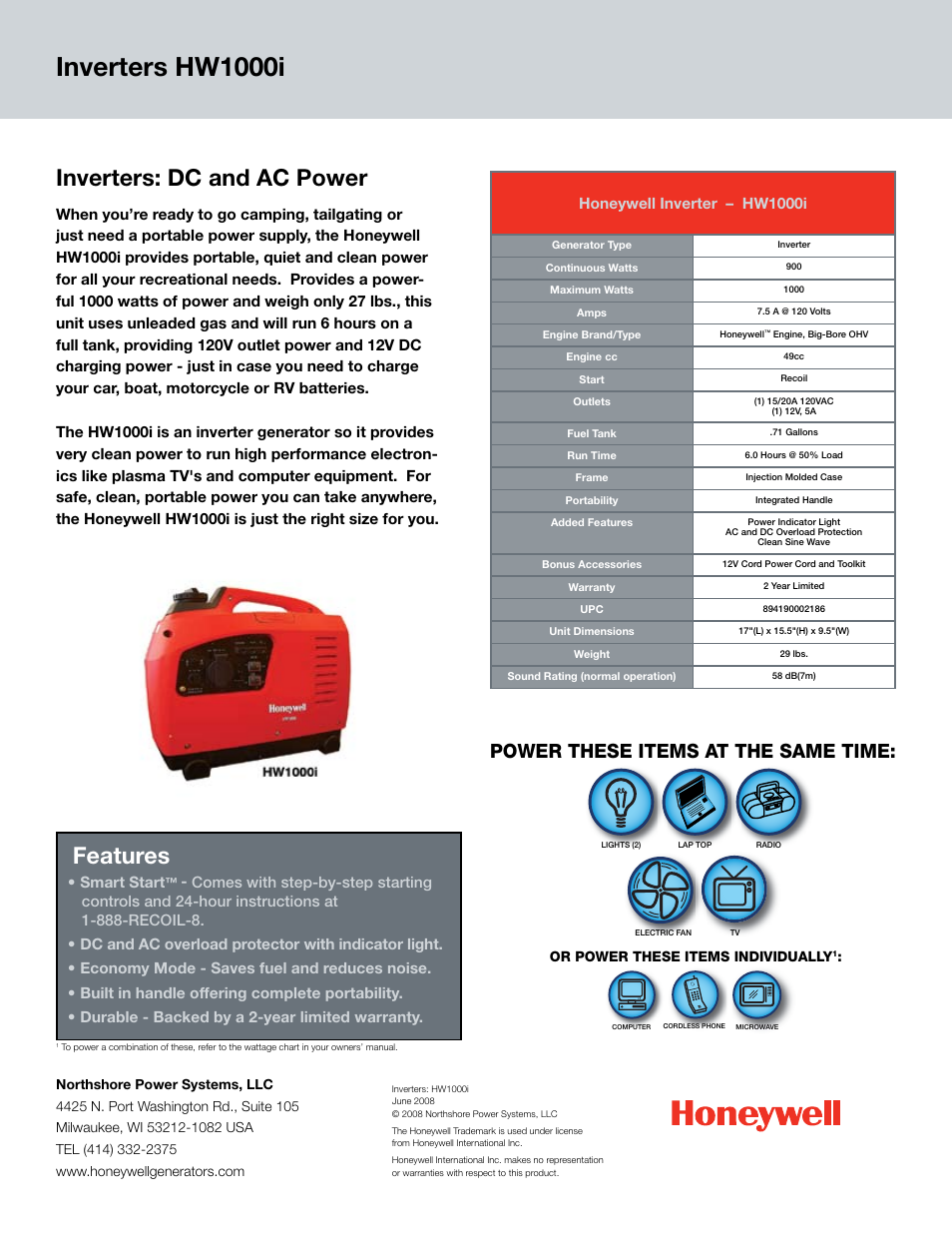 Inverters hw1000i, Features, Inverters: dc and ac power | Power these items at the same time, Smart start, Honeywell inverter – hw1000i | Honeywell HW1000i User Manual | Page 2 / 2