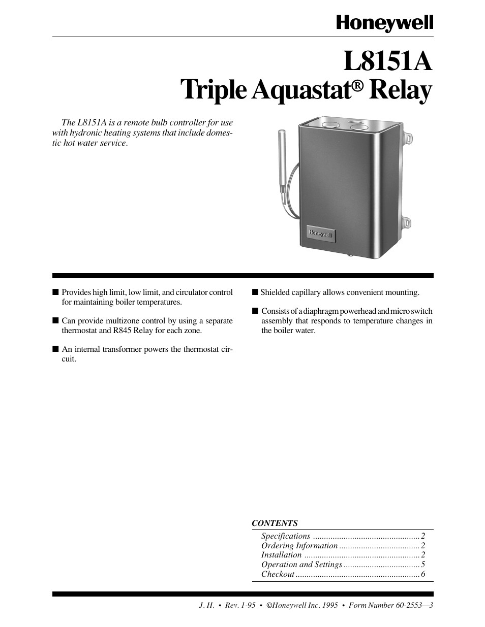 Honeywell TRIPLEAQUASTAT L8151A User Manual | 6 pages