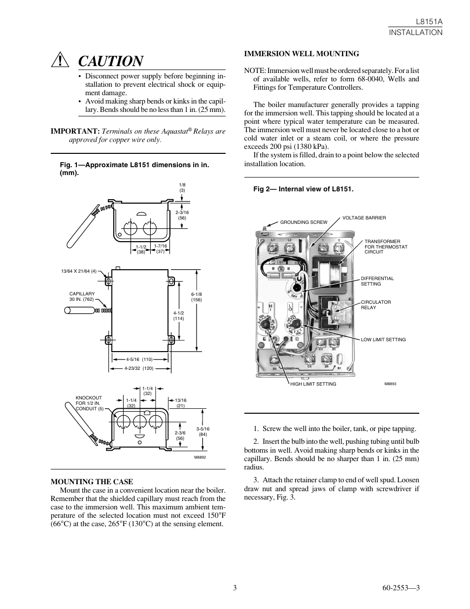 Caution | Honeywell TRIPLEAQUASTAT L8151A User Manual | Page 3 / 6