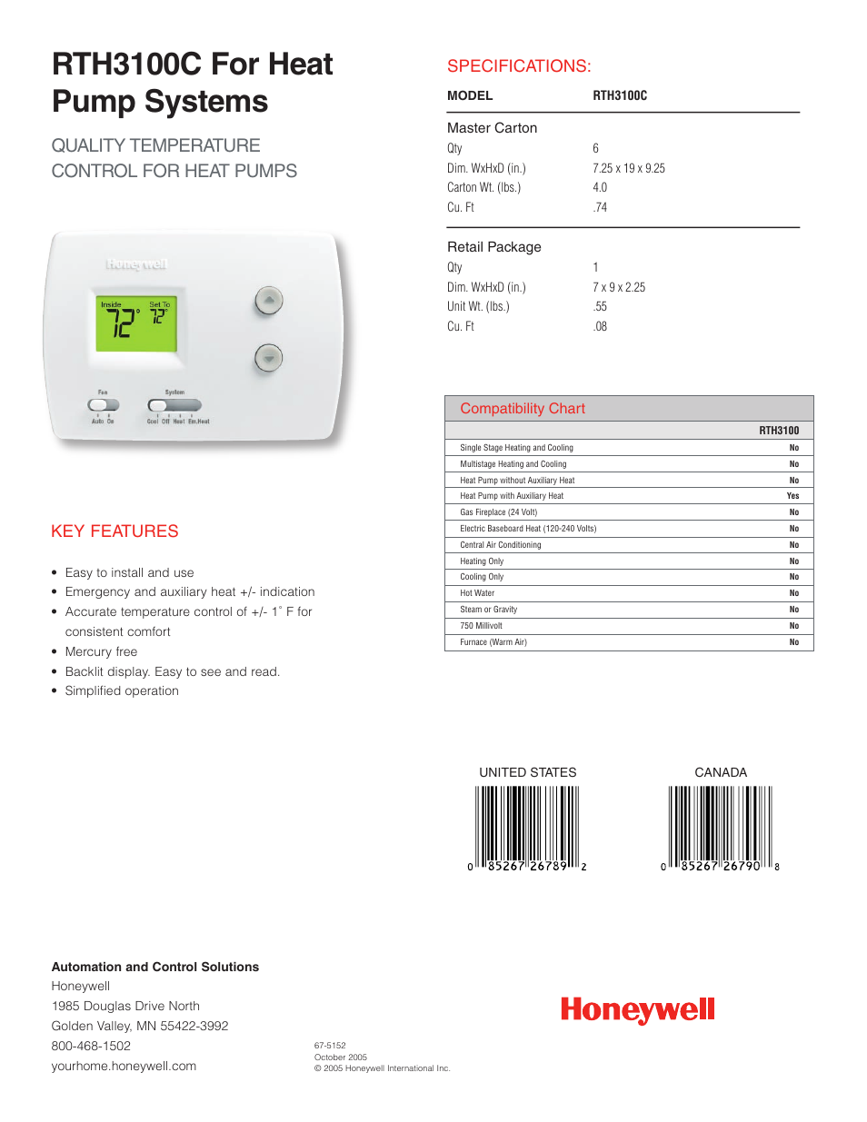 Rth3100c for heat pump systems, Quality temperature control for heat pumps, Specifications | Key features, Compatibility chart | Honeywell MASTER CARTON RTH3100C User Manual | Page 2 / 2