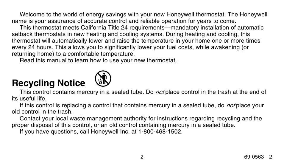 Recycling notice | Honeywell B/Q682 User Manual | Page 2 / 24