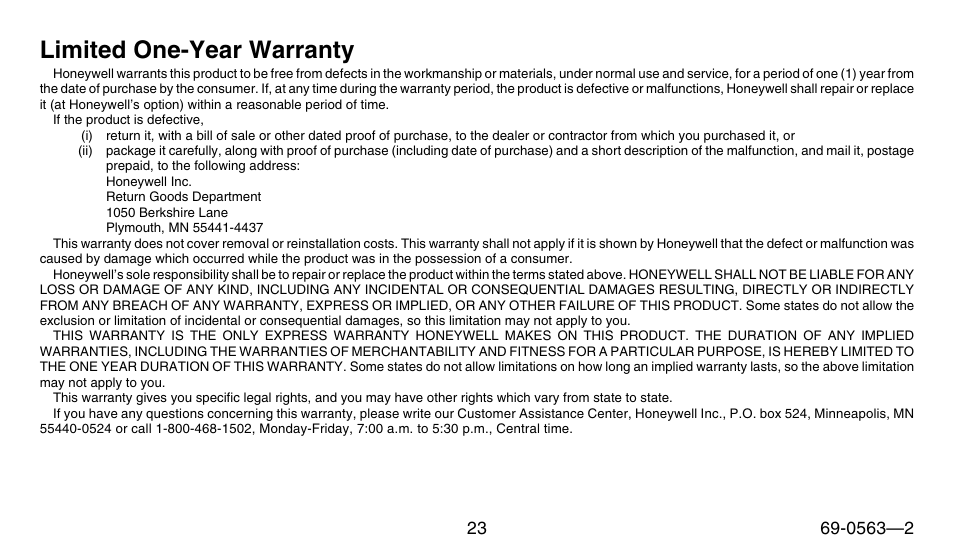 Limited one-year warranty | Honeywell B/Q682 User Manual | Page 23 / 24