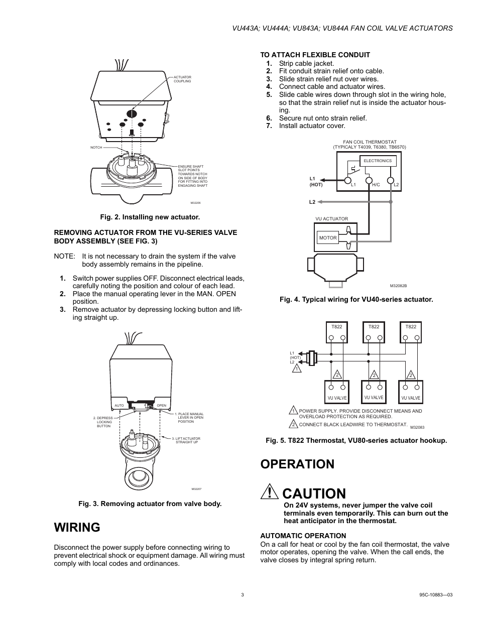 Wiring, Operation, Caution | Honeywell VU443A User Manual | Page 3 / 4