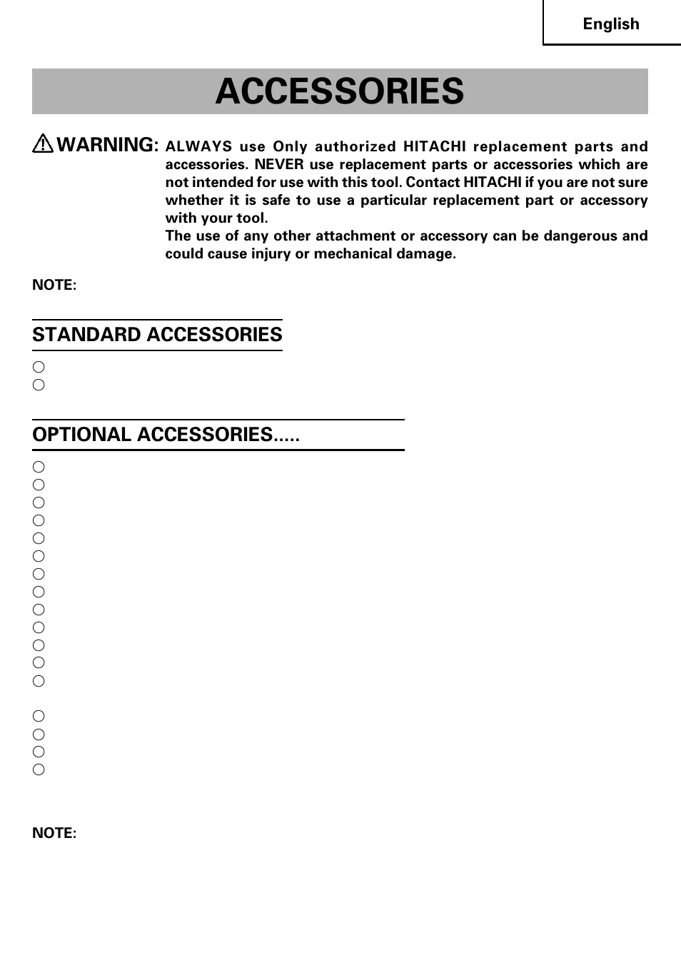 Accessories, Warning, Standard accessories | Optional accessories | Honeywell CJ 110MVA User Manual | Page 19 / 60