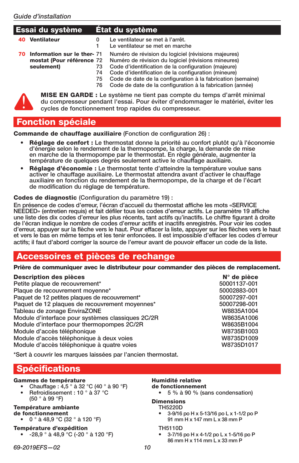 Fonction spéciale, Accessoires et pièces de rechange, Spécifications | Essai du système état du système | Honeywell FOCUSPRO TH5320C User Manual | Page 10 / 16