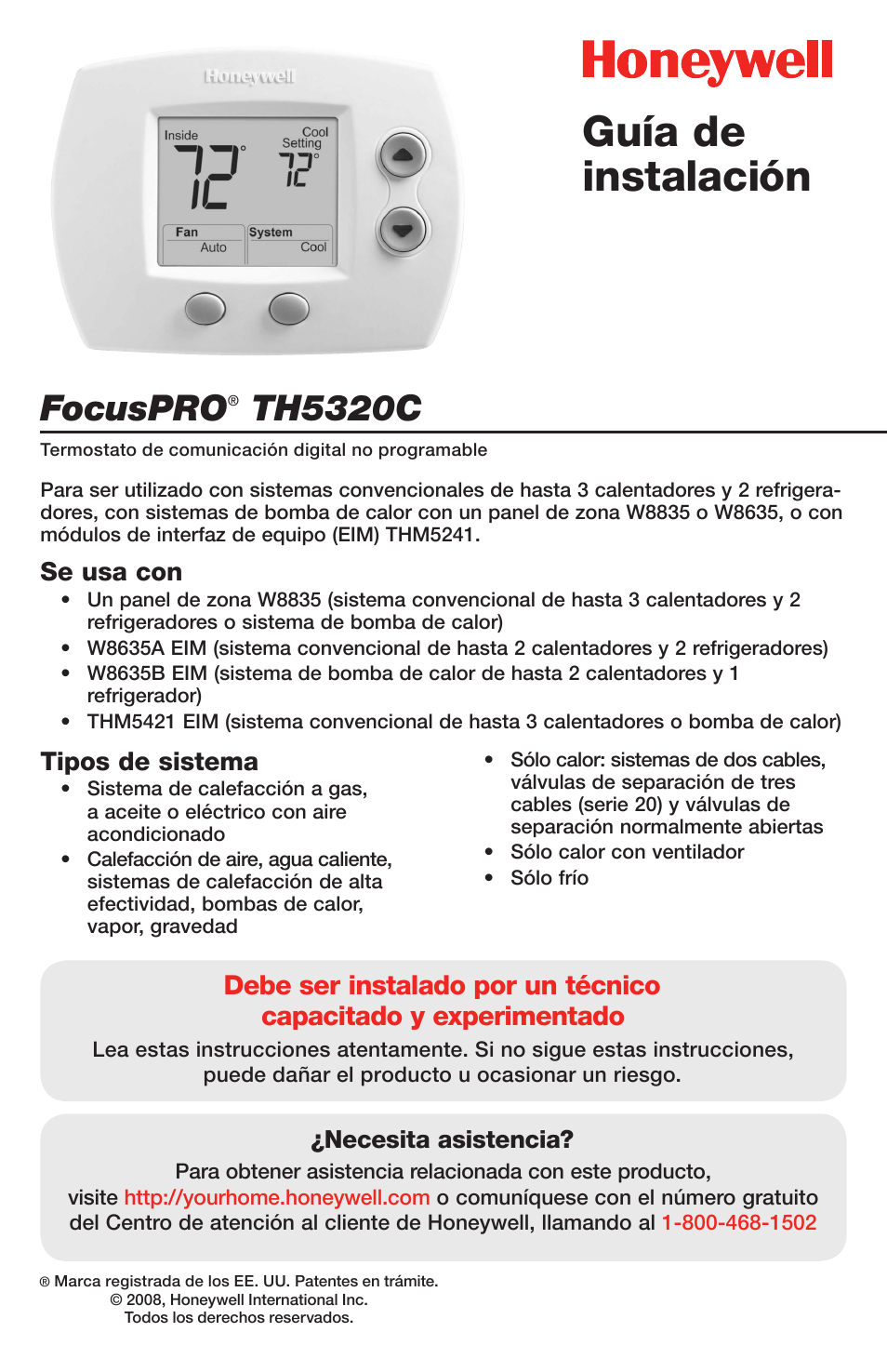 Guía de instalación, Focuspro, Th5320c | Se usa con, Tipos de sistema | Honeywell FOCUSPRO TH5320C User Manual | Page 11 / 16