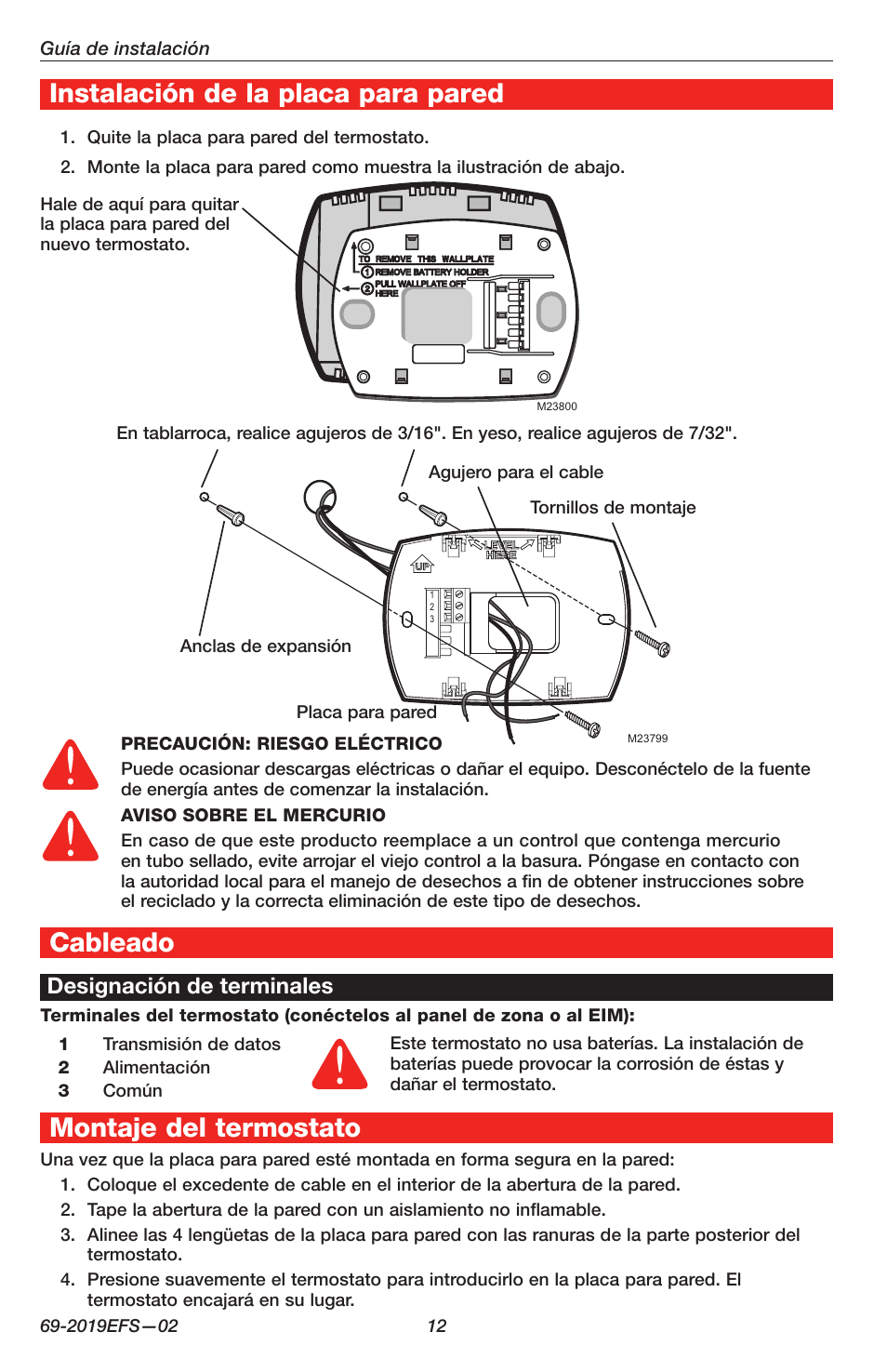 Instalación de la placa para pared, Cableado, Montaje del termostato | Designación de terminales | Honeywell FOCUSPRO TH5320C User Manual | Page 12 / 16