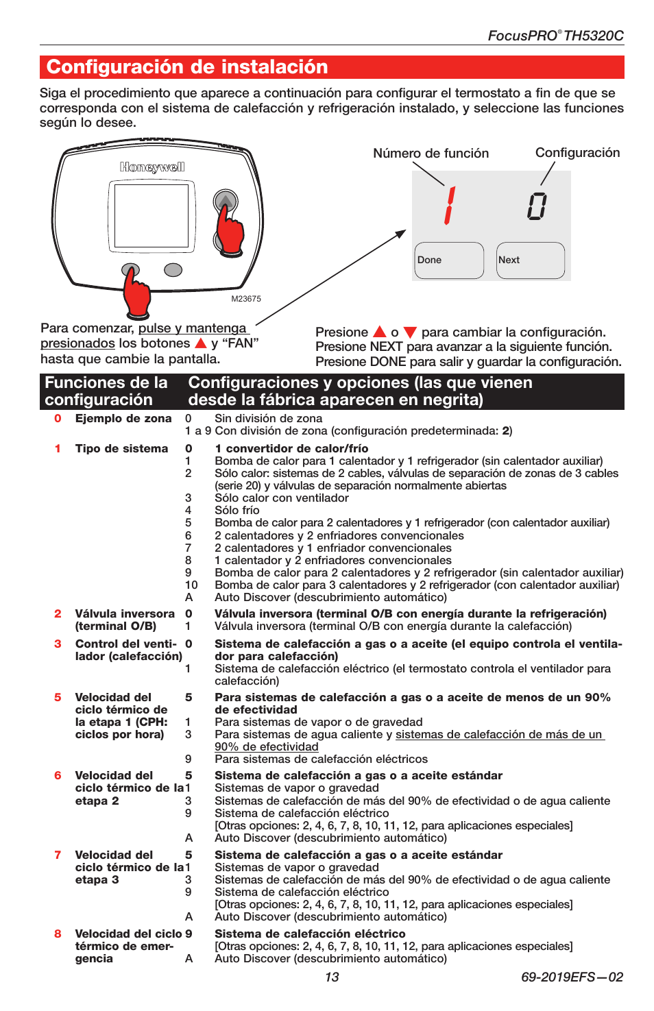 Configuración de instalación | Honeywell FOCUSPRO TH5320C User Manual | Page 13 / 16