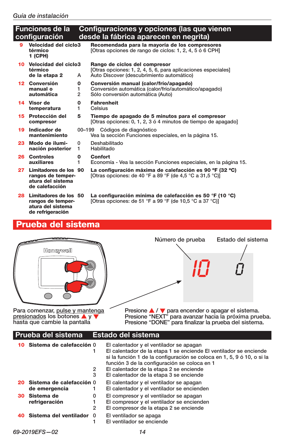 Prueba del sistema, Prueba del sistema estado del sistema | Honeywell FOCUSPRO TH5320C User Manual | Page 14 / 16