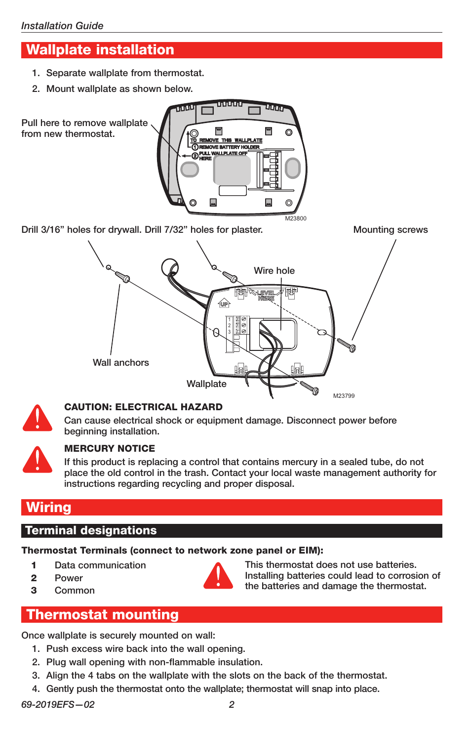 Wallplate installation, Wiring, Thermostat mounting | Terminal designations | Honeywell FOCUSPRO TH5320C User Manual | Page 2 / 16