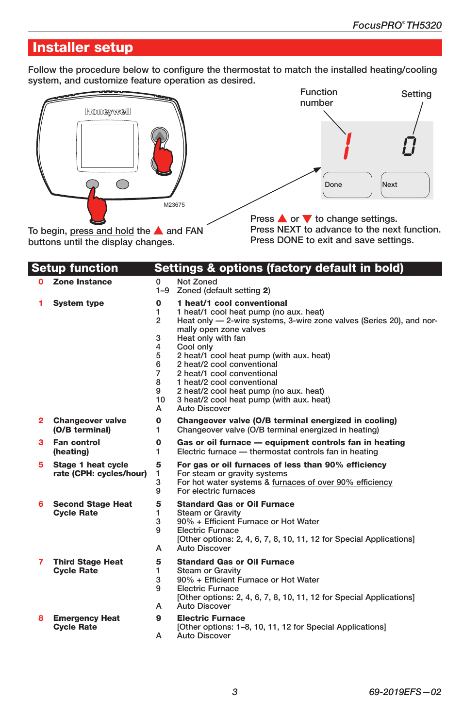 Installer setup | Honeywell FOCUSPRO TH5320C User Manual | Page 3 / 16