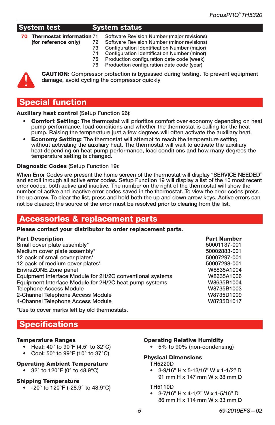 Special function, Accessories & replacement parts, Specifications | System test system status | Honeywell FOCUSPRO TH5320C User Manual | Page 5 / 16