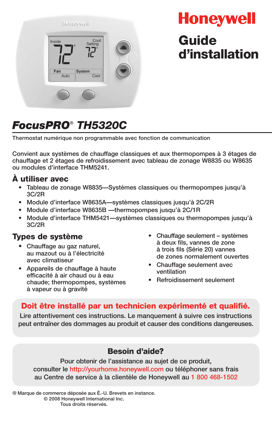 Guide d’installation, Focuspro, Th5320c | Besoin d’aide, À utiliser avec, Types de système | Honeywell FOCUSPRO TH5320C User Manual | Page 6 / 16