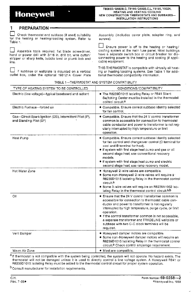 Honeywell Y8185 User Manual | 8 pages