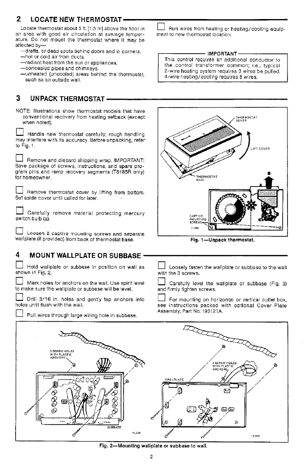 3 unpack thermostat, 4 mount wallplate or subbase, Fig. 2—mounting wallplate or subbase to wall | Honeywell Y8185 User Manual | Page 2 / 8