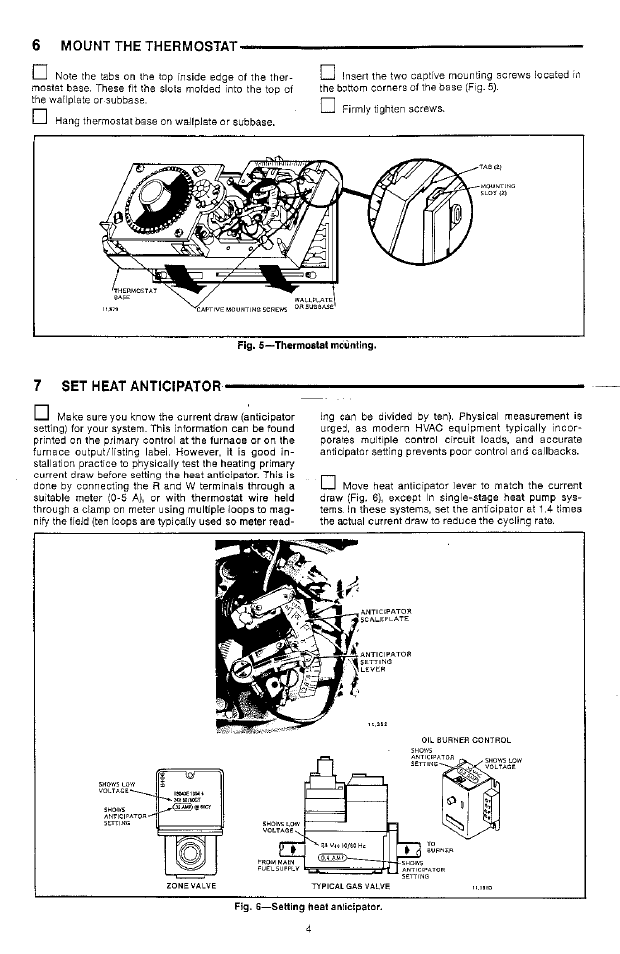 Fig. 6—setting heat anticipator, 6 mount the thermostat, 7 set heat anticipator | Honeywell Y8185 User Manual | Page 4 / 8