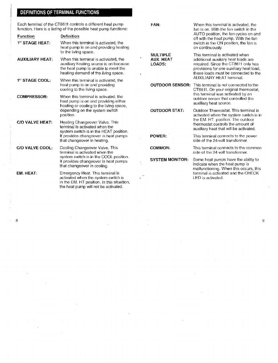Definitions of terminal functions, Function, Stage heat | Auxiliary heat, Stage cool, Compressor, C/0 valve heat, C/o valve cool, Em. heat, Definition | Honeywell CT8611 User Manual | Page 5 / 12