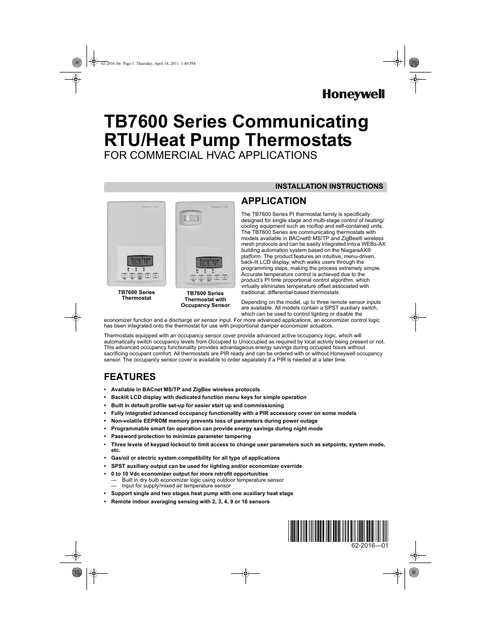 Honeywell SERIES COMMUNICATING TB7600 User Manual | 24 pages