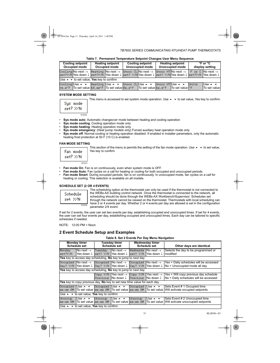 2 event schedule setup and examples | Honeywell SERIES COMMUNICATING TB7600 User Manual | Page 11 / 24