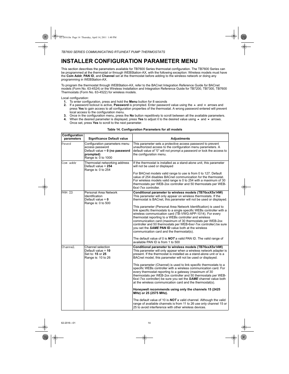 Installer configuration parameter menu | Honeywell SERIES COMMUNICATING TB7600 User Manual | Page 14 / 24