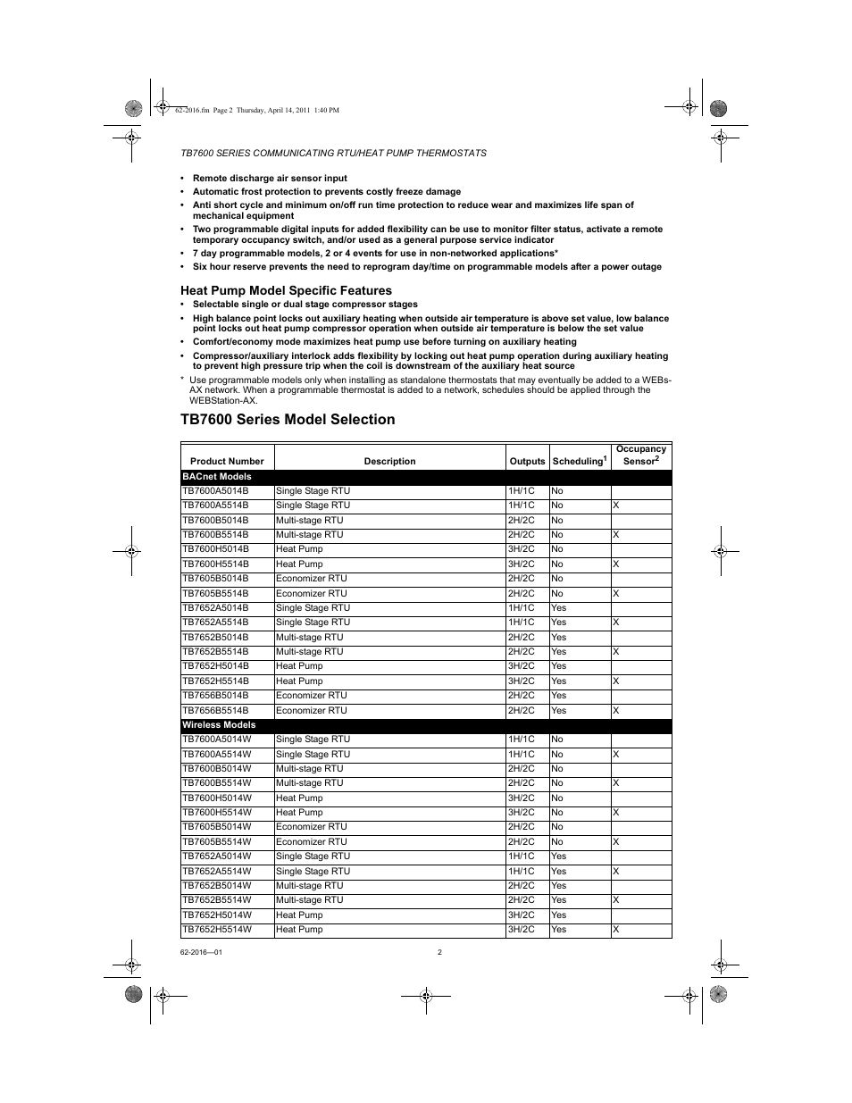 Tb7600 series model selection, Heat pump model specific features | Honeywell SERIES COMMUNICATING TB7600 User Manual | Page 2 / 24