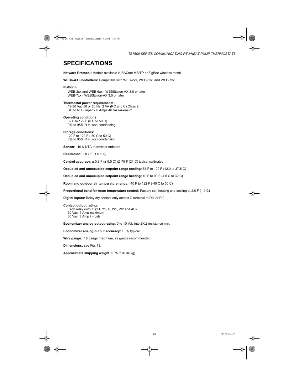 Specifications | Honeywell SERIES COMMUNICATING TB7600 User Manual | Page 23 / 24