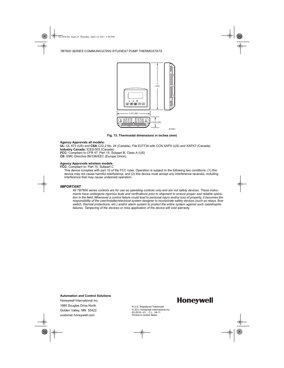 Honeywell SERIES COMMUNICATING TB7600 User Manual | Page 24 / 24