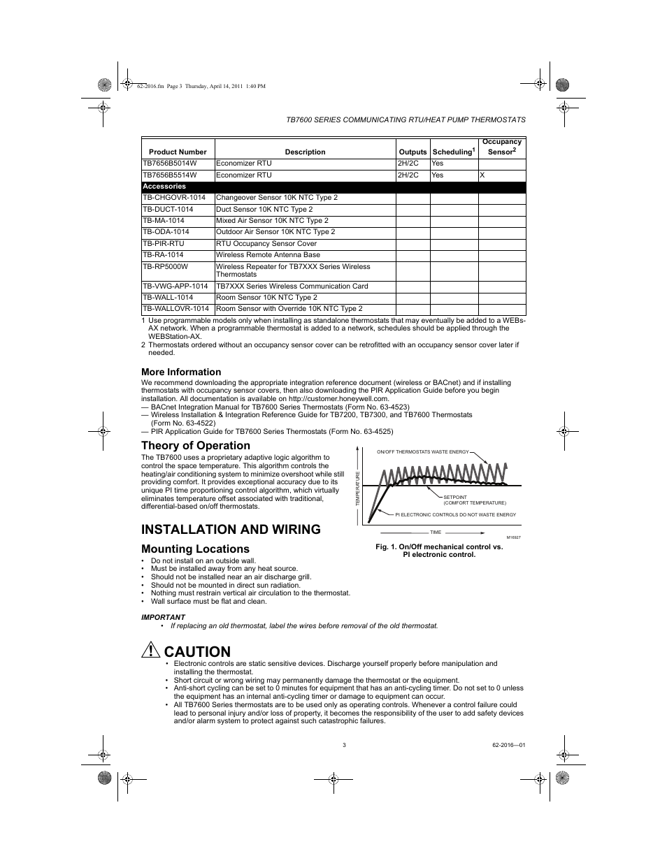 Theory of operation, Installation and wiring, Mounting locations | Caution, More information | Honeywell SERIES COMMUNICATING TB7600 User Manual | Page 3 / 24