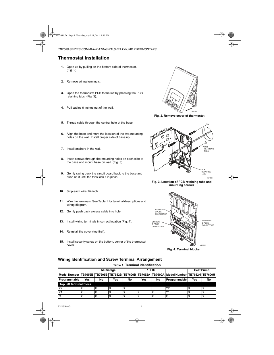 Thermostat installation | Honeywell SERIES COMMUNICATING TB7600 User Manual | Page 4 / 24