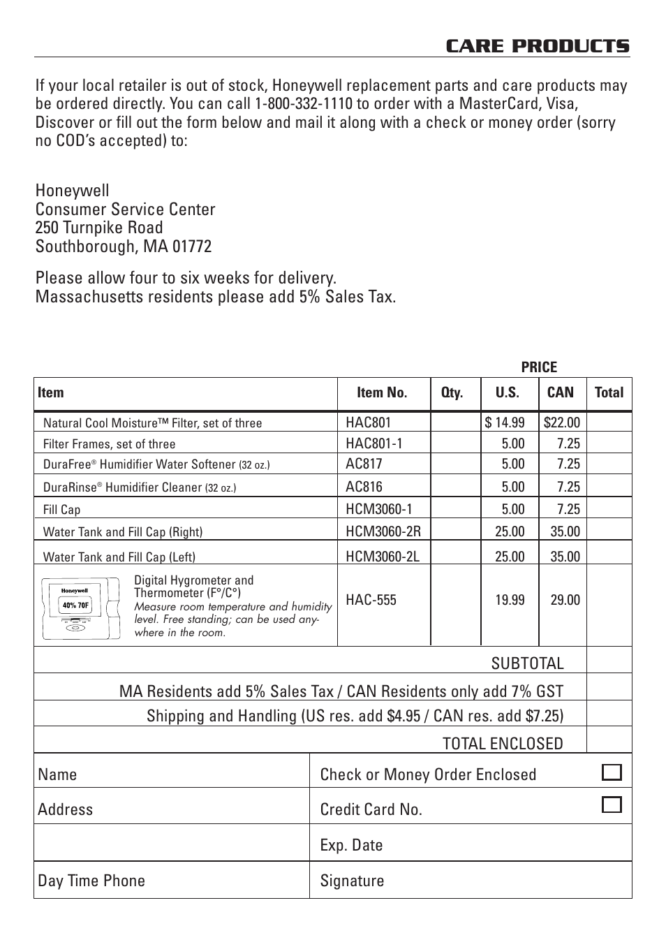 Care products | Honeywell HCM-3060 User Manual | Page 10 / 36