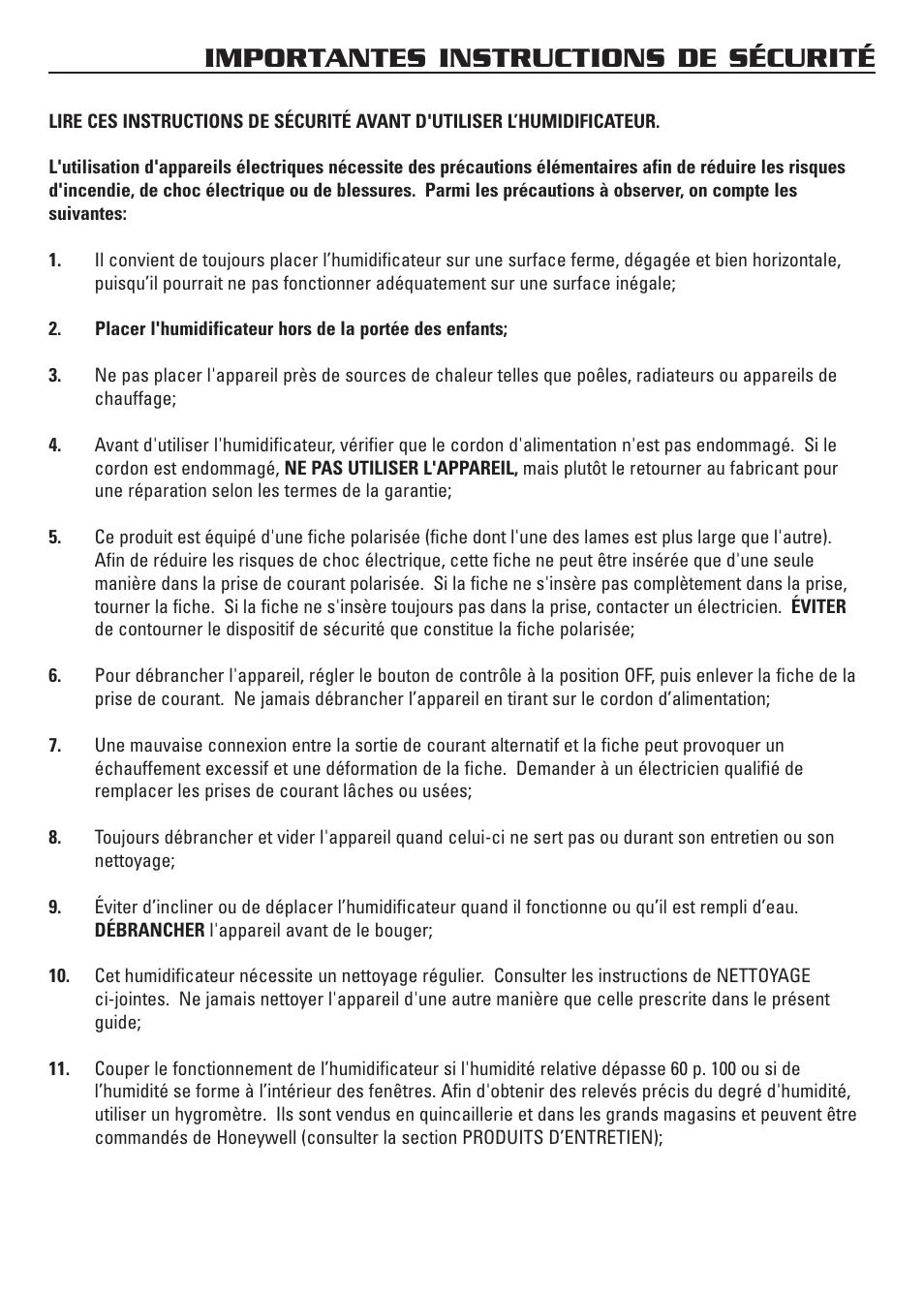 Importantes instructions de sécurité | Honeywell HCM-3060 User Manual | Page 14 / 36