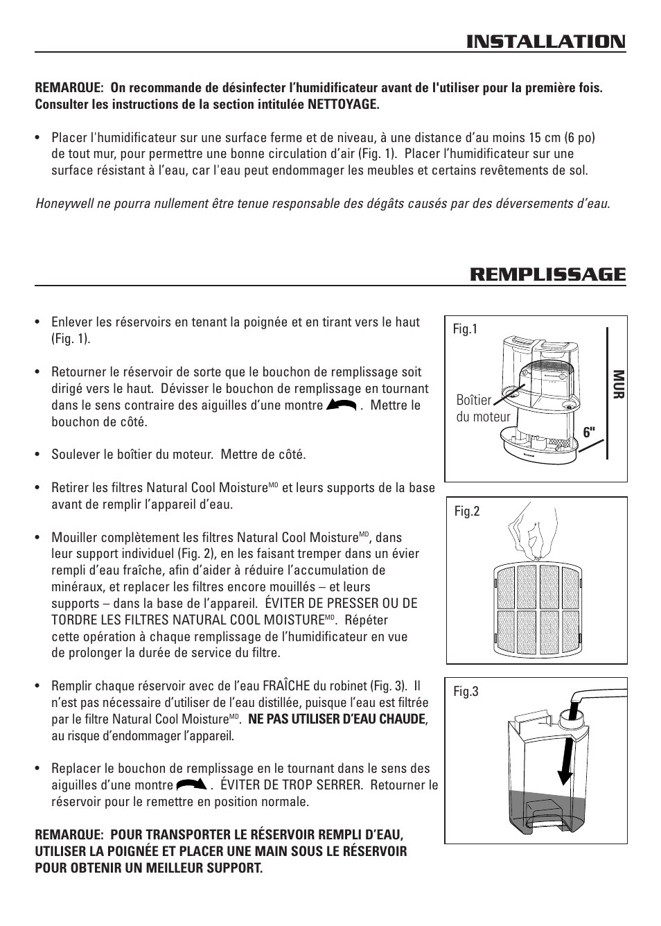 Installation, Remplissage, Mur 6 | Boîtier du moteur, Fig.3, Fig.1, Fig.2 | Honeywell HCM-3060 User Manual | Page 16 / 36