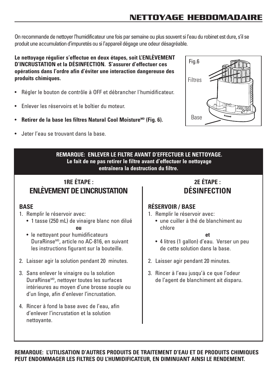 Nettoyage hebdomadaire, Enlèvement de l’incrustation, Désinfection | Honeywell HCM-3060 User Manual | Page 19 / 36