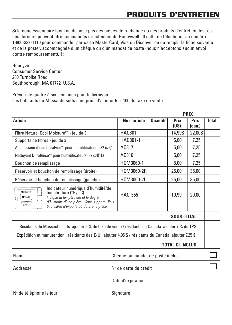 Produits d’entretien, Prix | Honeywell HCM-3060 User Manual | Page 22 / 36