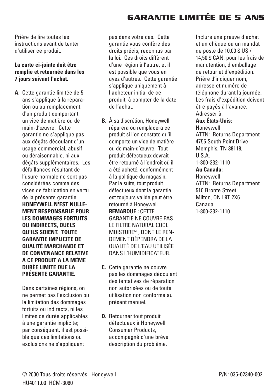 Garantie limitée de 5 ans | Honeywell HCM-3060 User Manual | Page 24 / 36