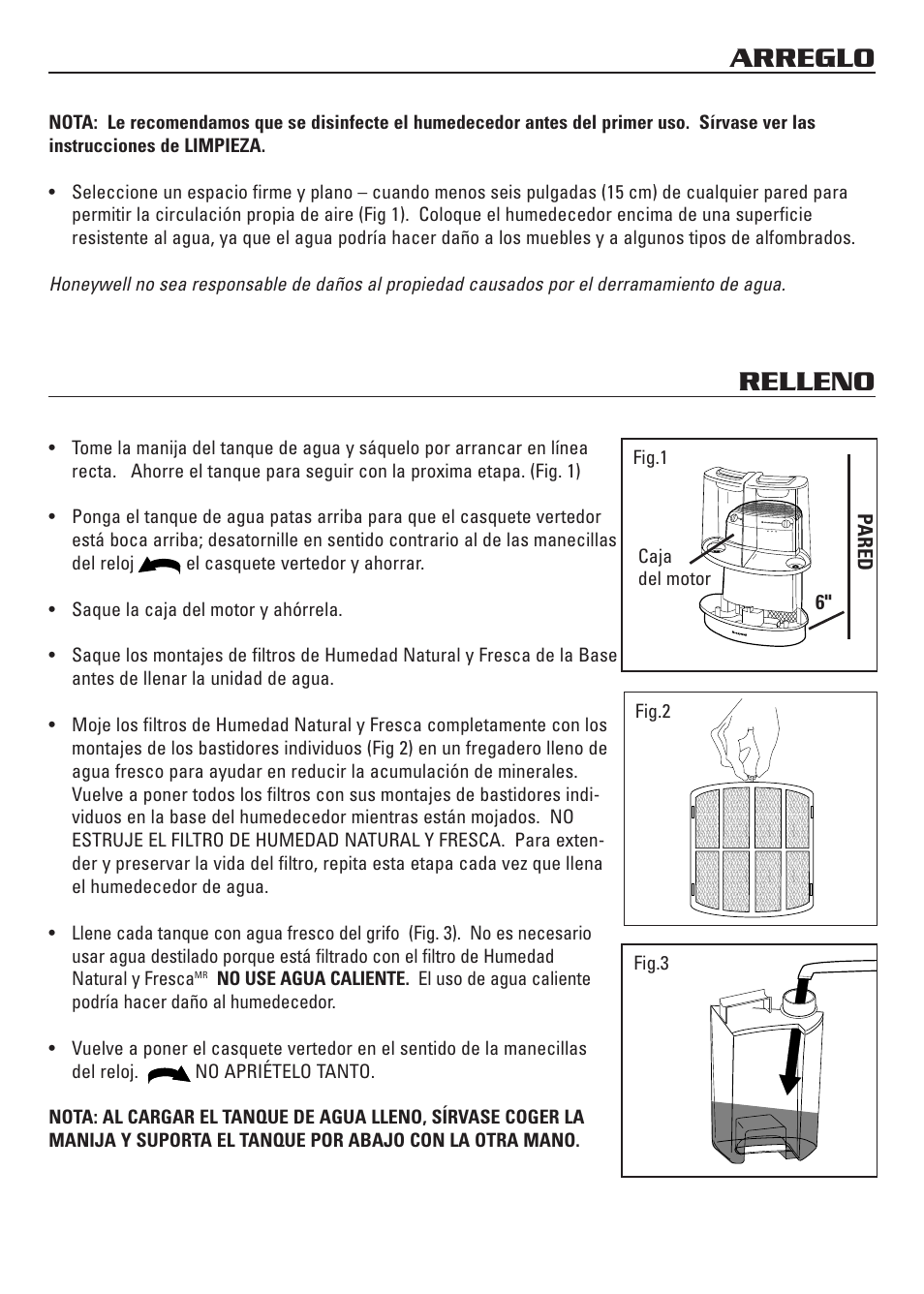 Arreglo, Relleno, Pared 6 | Fig.3, Fig.1, Fig.2 caja del motor | Honeywell HCM-3060 User Manual | Page 28 / 36