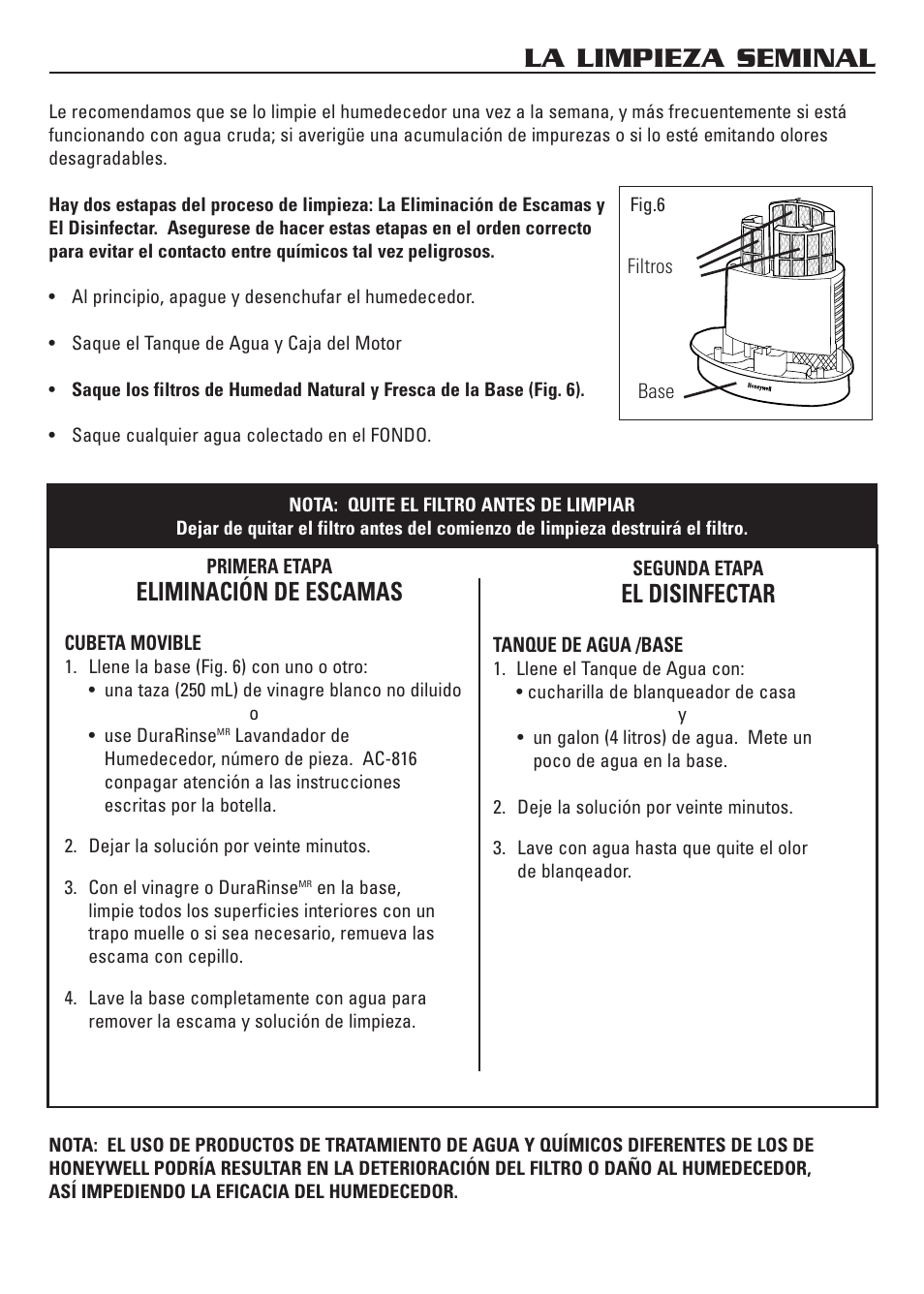 La limpieza seminal, Eliminación de escamas, El disinfectar | Honeywell HCM-3060 User Manual | Page 31 / 36