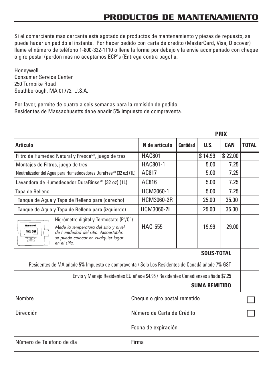 Productos de mantenamiento | Honeywell HCM-3060 User Manual | Page 34 / 36