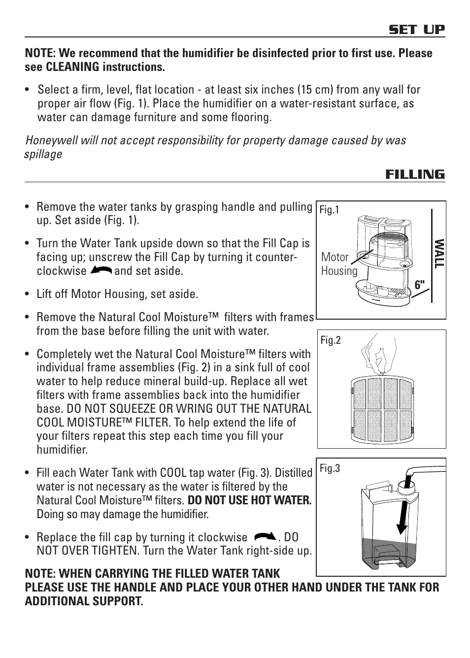 Set up, Filling, Wall 6 | Motor housing spillage, Fig.3, Fig.1, Fig.2 | Honeywell HCM-3060 User Manual | Page 4 / 36