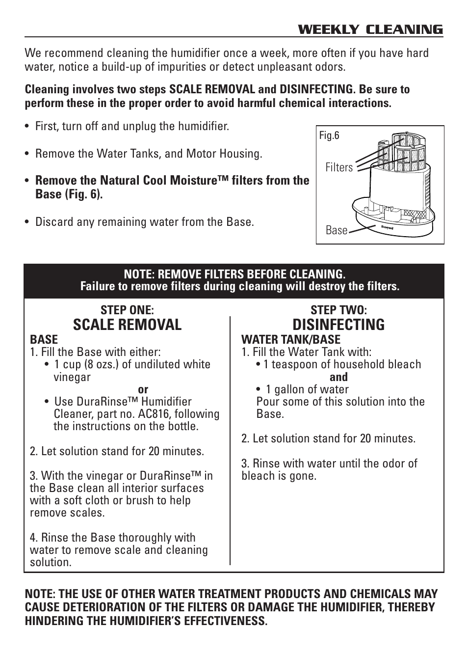 Scale removal, Disinfecting, Weekly cleaning | Honeywell HCM-3060 User Manual | Page 7 / 36