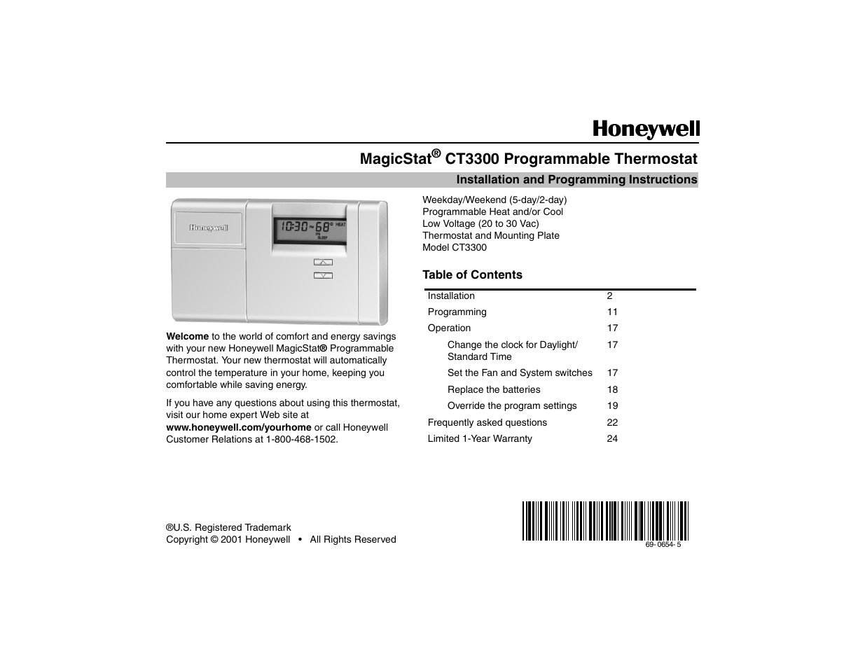 Honeywell MAGICSTAT CT3300 User Manual | 24 pages